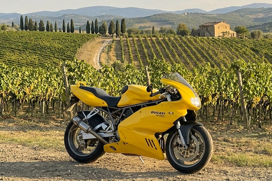 Yellow Ducati 750 SS motorcycle in Piedmont, Italy