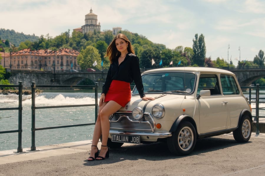 Woman in a red skirt leaning on a classic Mini Cooper beside the River Po weir in Turin, Italy