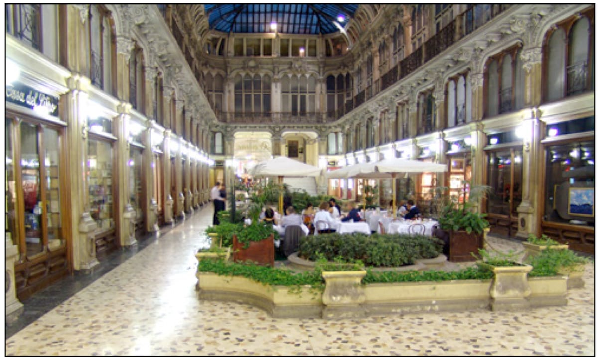 The glass-roofed Galleria Subalpina arcade in Turin, where a Mini drove through in The Italian Job