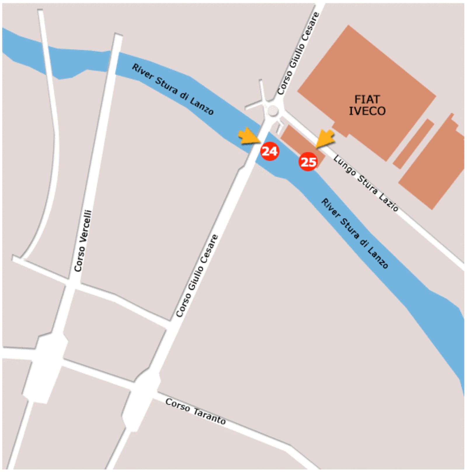 Hand-drawn map of Italian Job locations on Corso Giulio Cesare and the Stura di Lanzo river in northern Turin