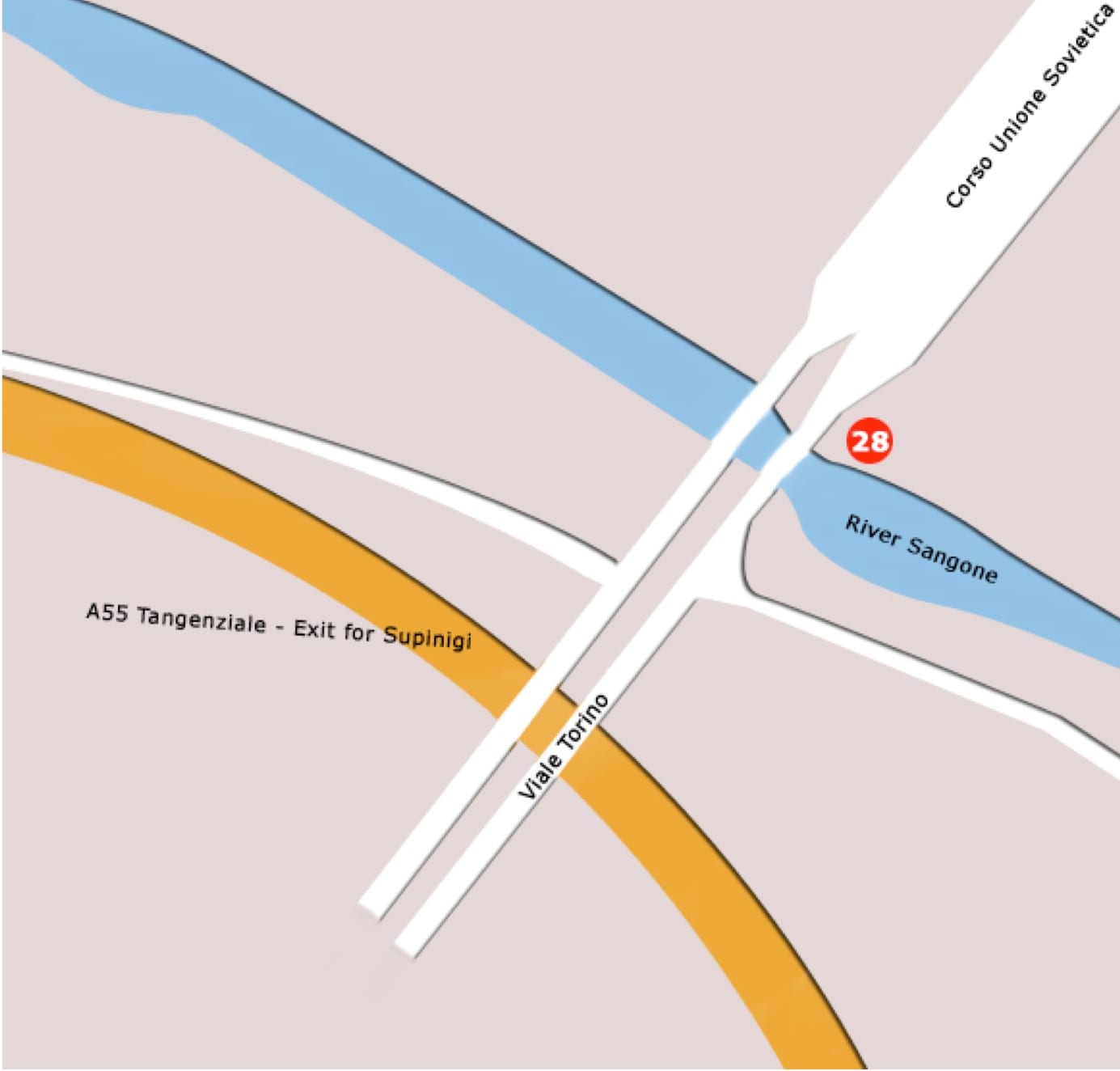 Hand-drawn map showing the Sangone river bridge on Corso Unione Sovietica, Turin, where the Minis emerged from the sewers in The Italian Job