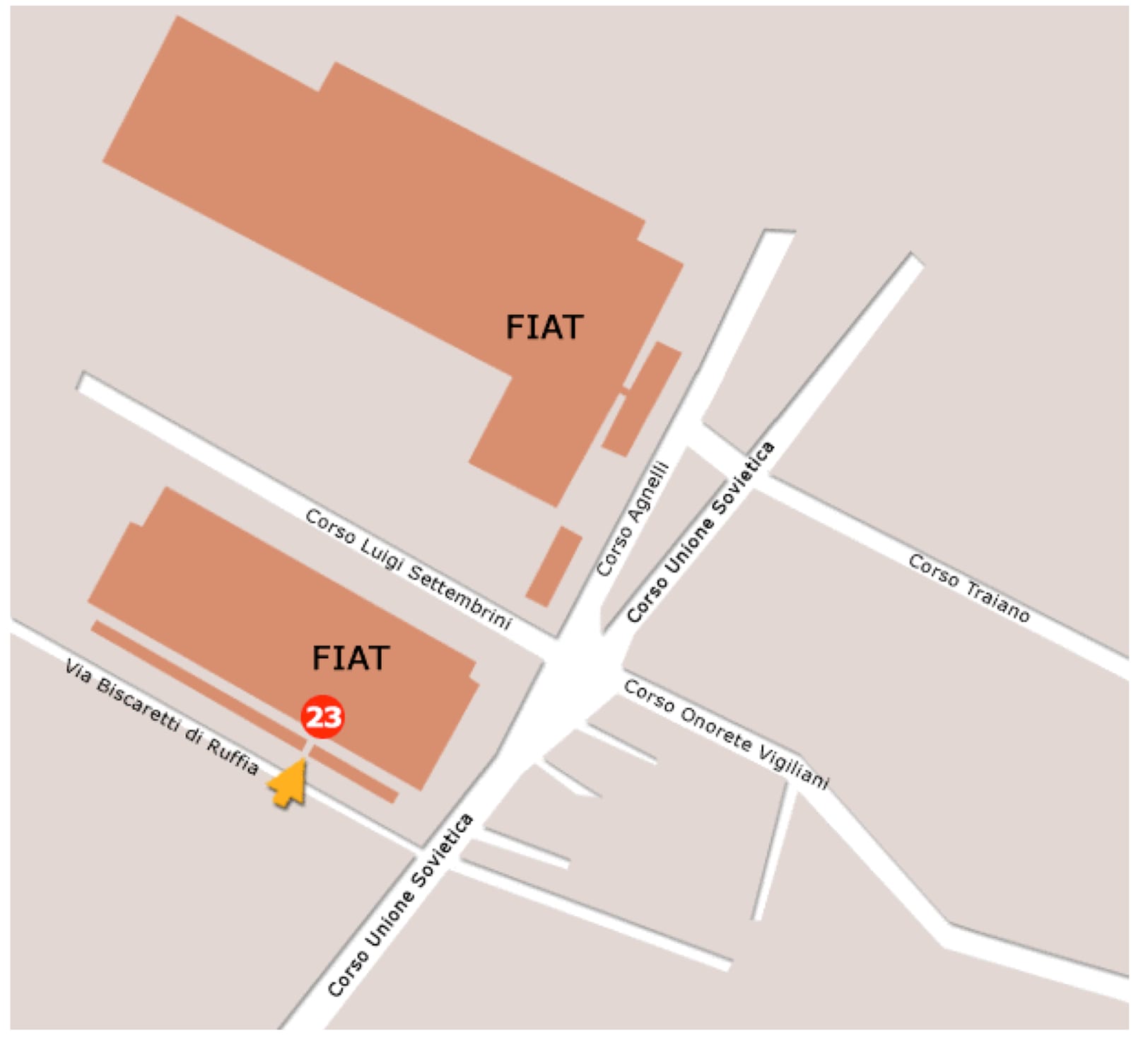 Hand-drawn map showing the FIAT Mirafiori factory in Turin and the viewing point for The Italian Job roof jump