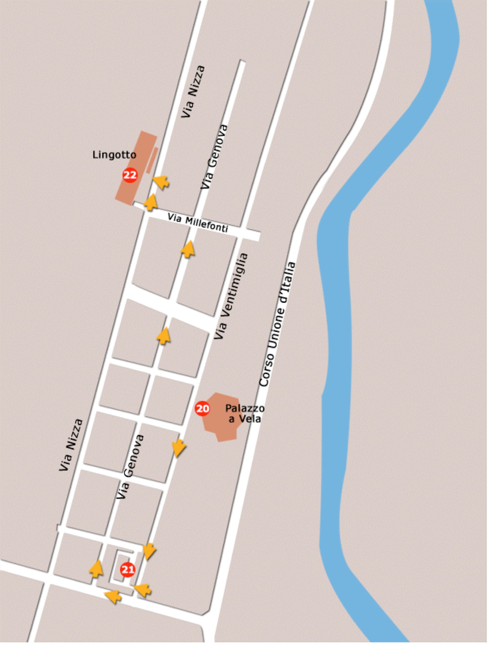 Hand-drawn map of Italian Job locations along Corso Ventimiglia and Lingotto in southern Turin
