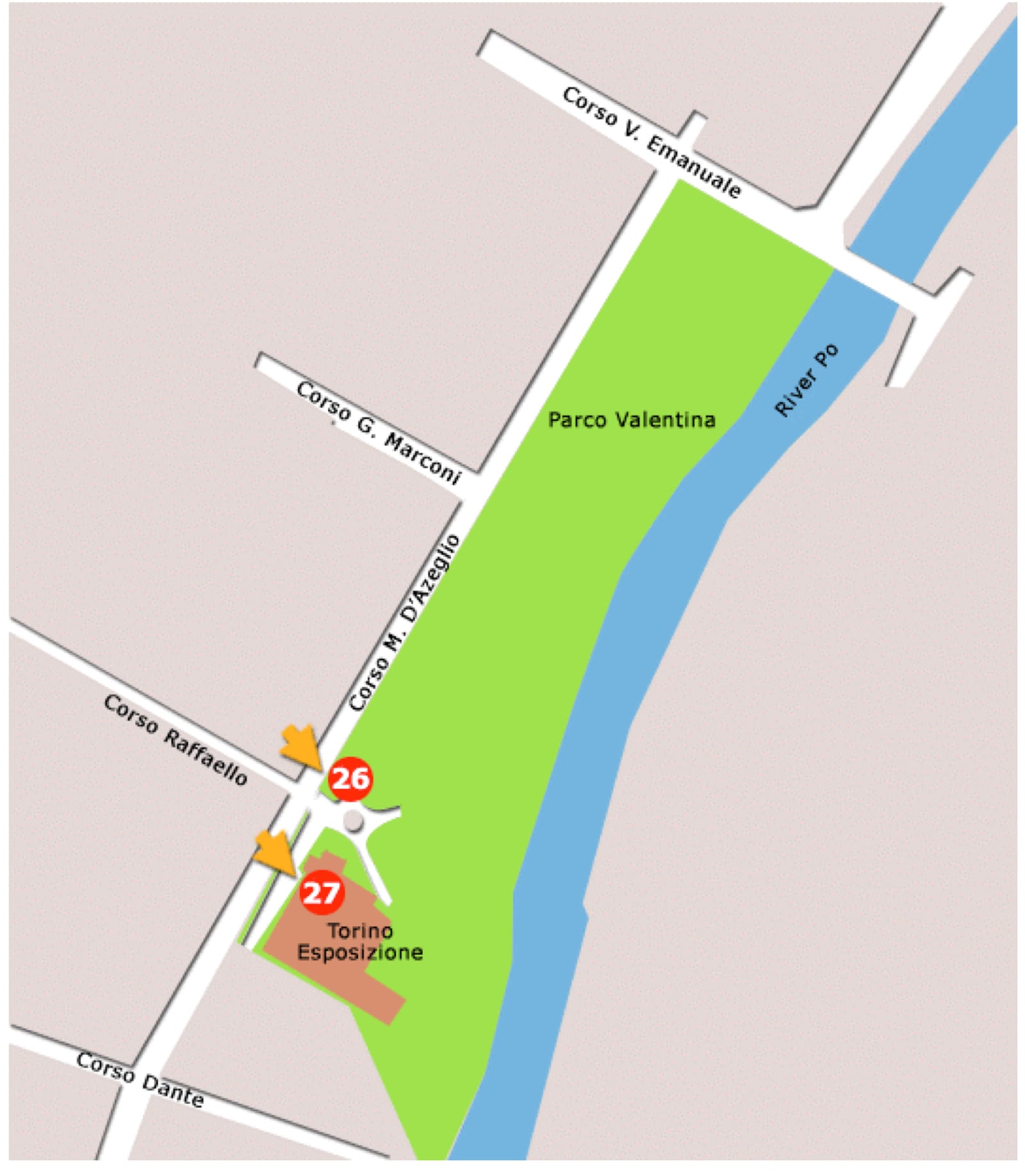 Hand-drawn map of Italian Job locations at Parco del Valentino and Torino Esposizioni in Turin
