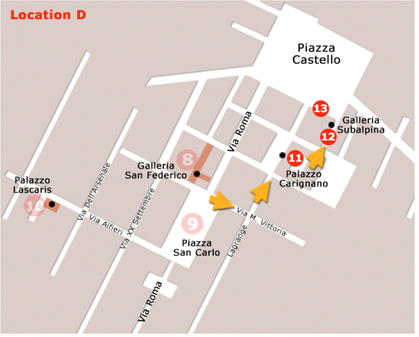 Hand-drawn map of Italian Job locations around Piazza Carignano and Galleria Subalpina in Turin