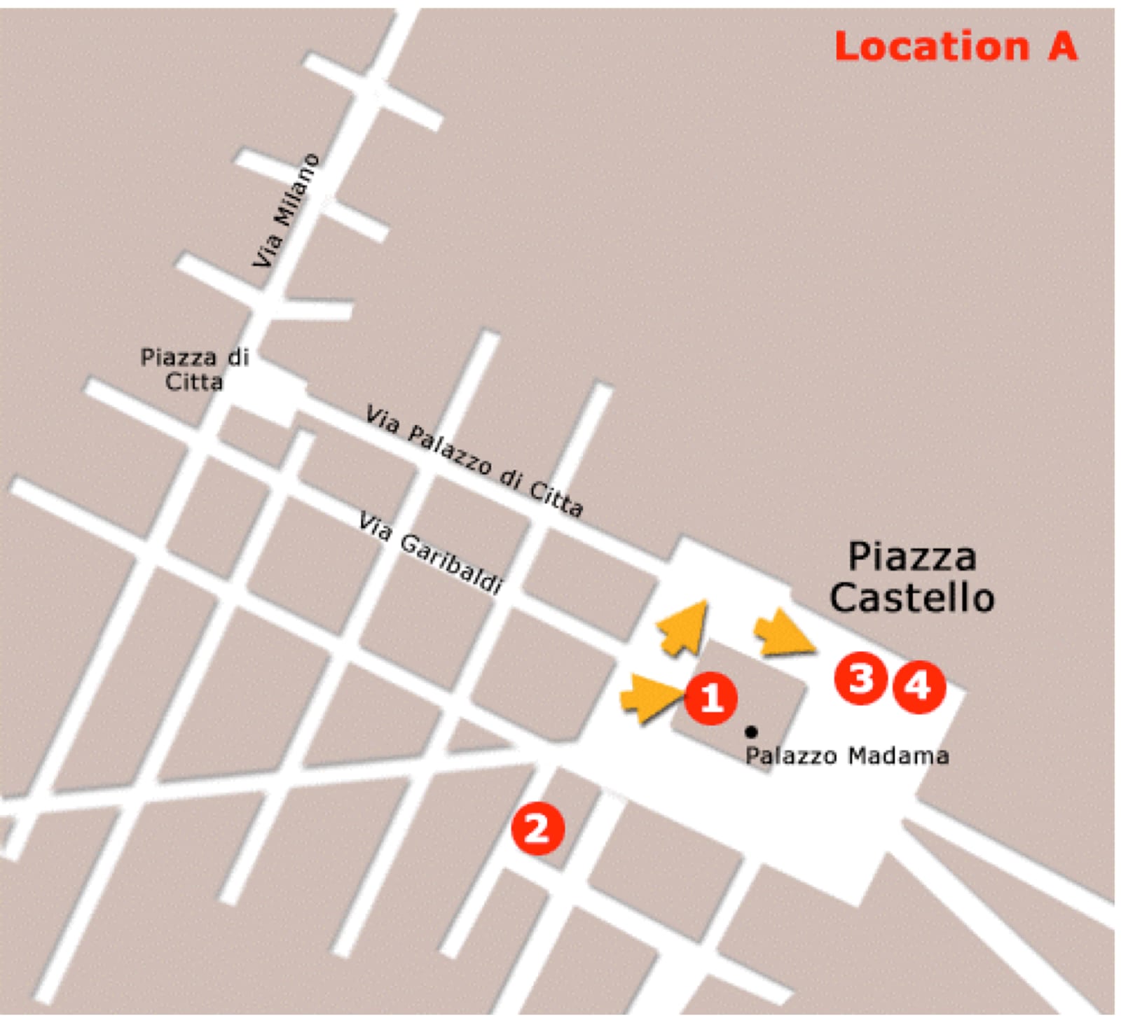 Hand-drawn map of Italian Job filming locations around Piazza Castello and Palazzo Madama in Turin