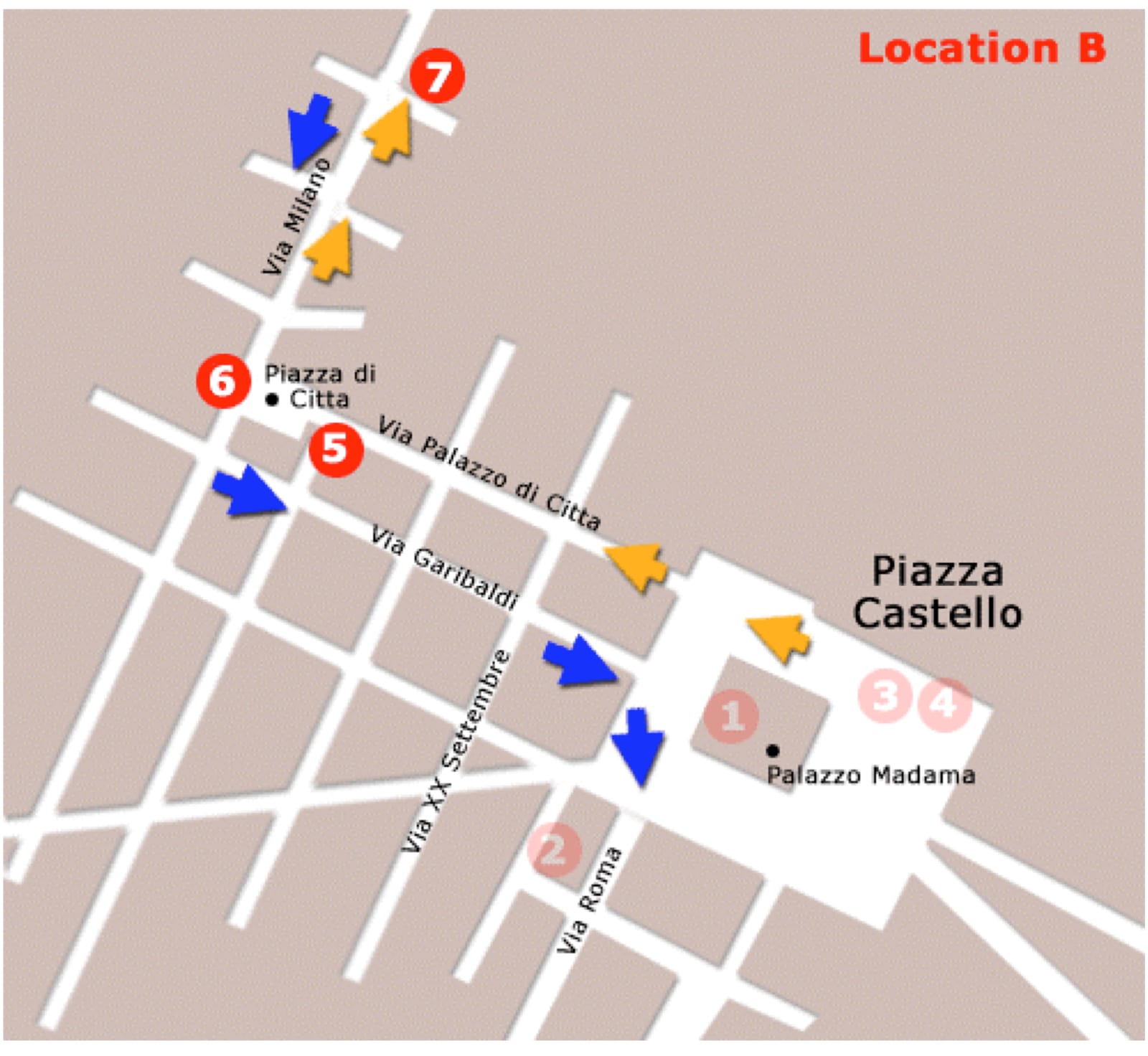 Hand-drawn map of Italian Job filming locations around Piazza Palazzo di Città and Via Milano in Turin