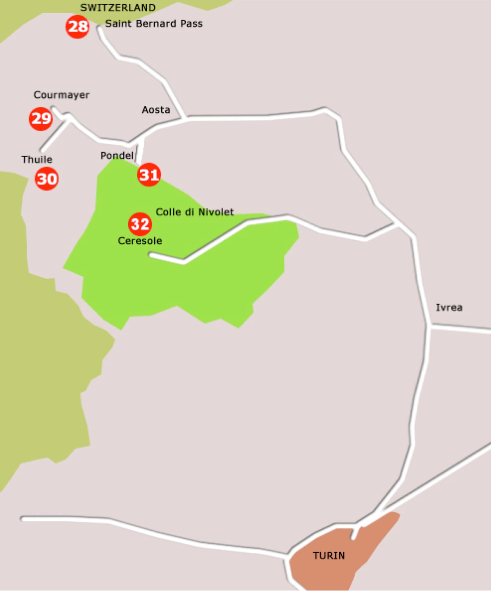 Hand-drawn map of The Italian Job filming locations in the Italian Alps, from the Great St Bernard Pass to Ceresole Reale