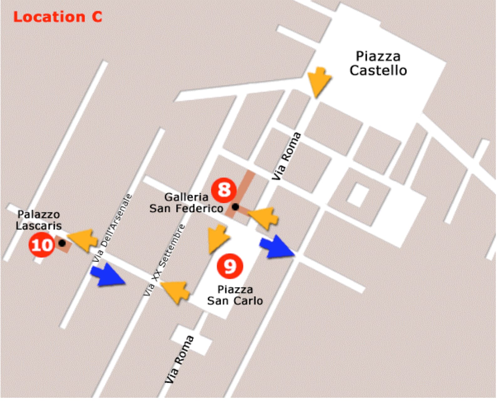 Hand-drawn map of Italian Job locations along Via Roma, Galleria San Federico, Piazza San Carlo and Palazzo Lascaris in Turin